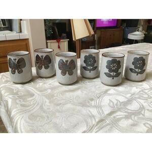 Cute Lot of 6 Vintage MOC Japan Butterfly Flower Tea Pottery Cups Mug MCM 461A